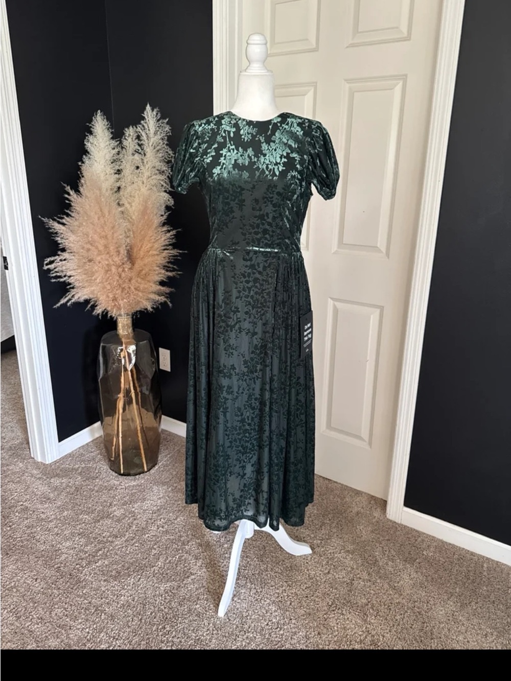 NWT Lulus Arlie Emerald Velvet Burnout Puff Sleeve Midi Dress size Large - Picture 7 of 12